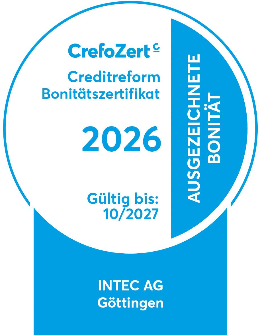 CrefoZert Creditreform Bonitätszertifikat 2026, ausgezeichnete Bonität, gültig bis 10/2027