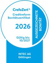 CrefoZert Creditreform Bonitätszertifikat 2026, ausgezeichnete Bonität, gültig bis 10/2027